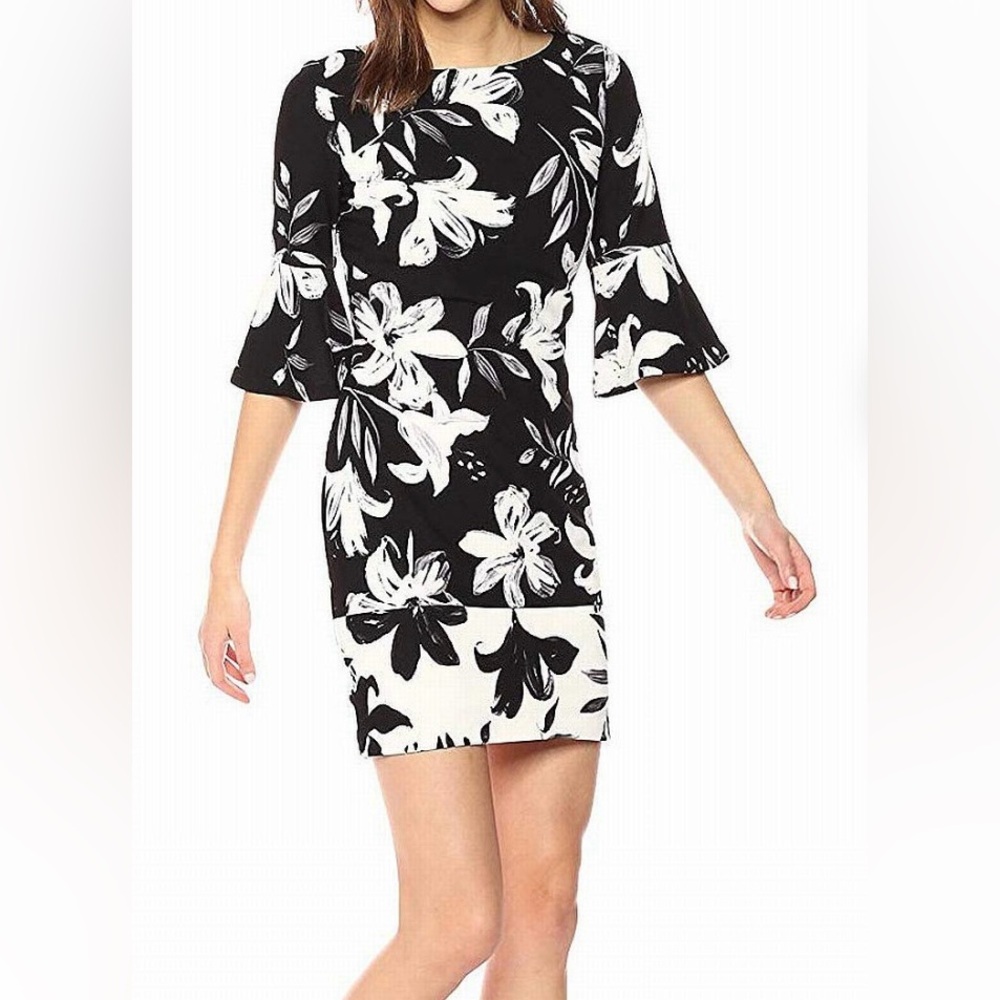 Vince Camuto Flared Sleeve Bodycon Black and White Floral Dress, Size 6
